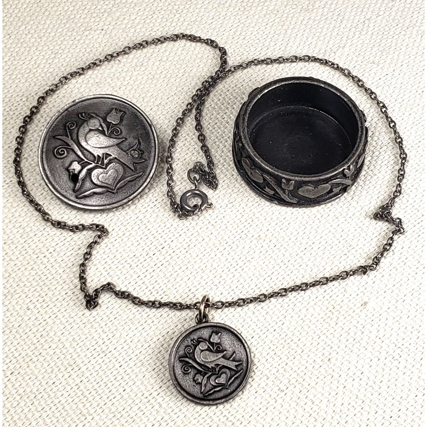 Vintage 1980's Signed Torino Pewter 3 In 1 Necklace Brooch Round Trinket Box